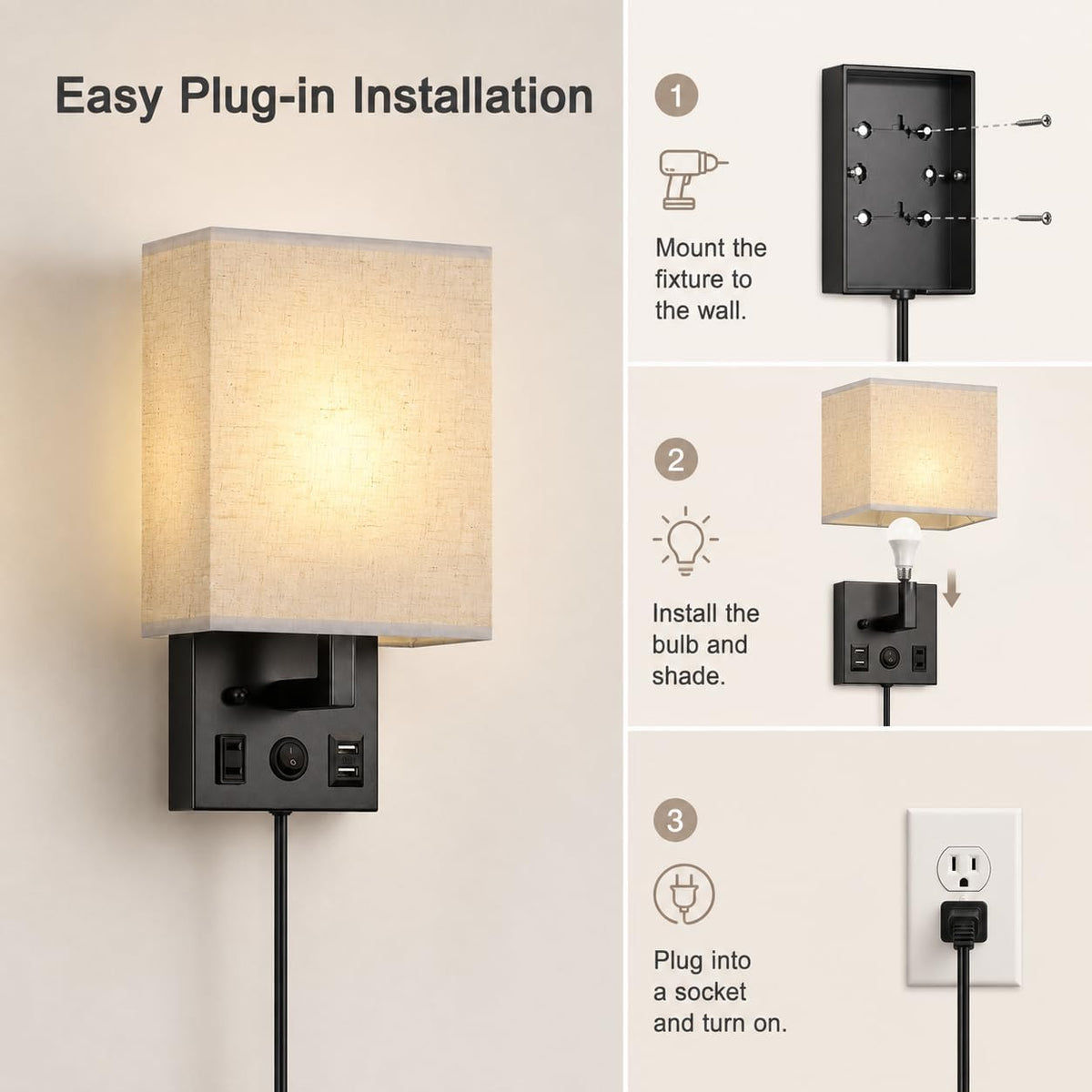 Vrisa Wall Sconces Wall Lamps for Bedrooms Set of 2 Plug in Bedside Lights Wall Mounted with USB Ports Outlet Wall Light Fixtures for Bedroom Living Room Black (2 Bulbs Included)