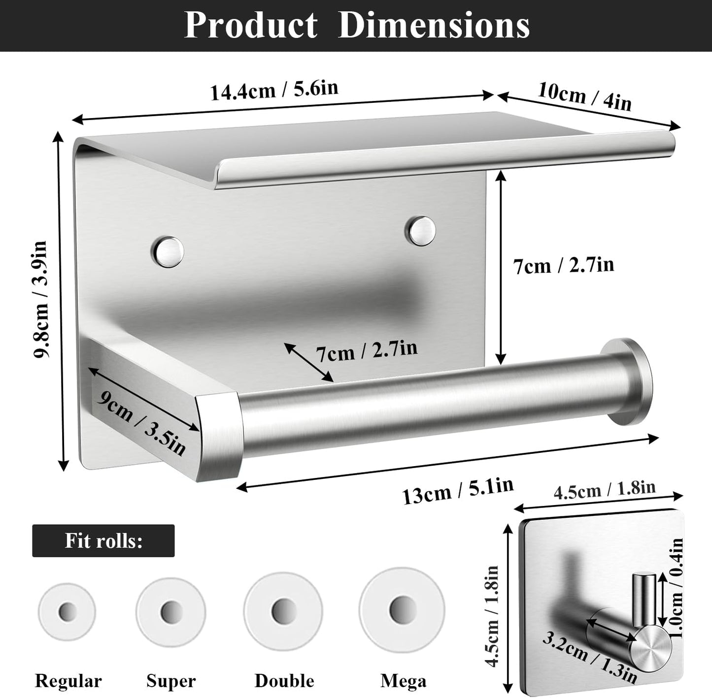 Tindbea Toilet Paper Holder Wall Mount + Towel Robe Hooks, Adhesive or Screw Wall Mounted Toilet Paper Roll Holder with Shelf, Stainless Steel Bathroom Organizers and Storage Kit (Brushed Gold)
