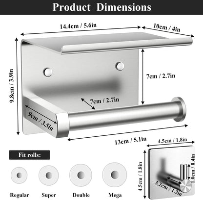 Tindbea Toilet Paper Holder Wall Mount + Towel Robe Hooks, Adhesive or Screw Wall Mounted Toilet Paper Roll Holder with Shelf, Stainless Steel Bathroom Organizers and Storage Kit (Brushed Gold)