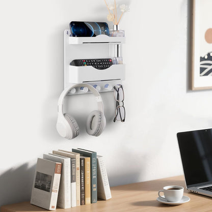 Bedside Wall Shelf with Glasses Hooks, Adhesive Bedside Organizer Wall Mount for Dorm and Room Accessories Phone，Remote，Earphone， Kindle (White)