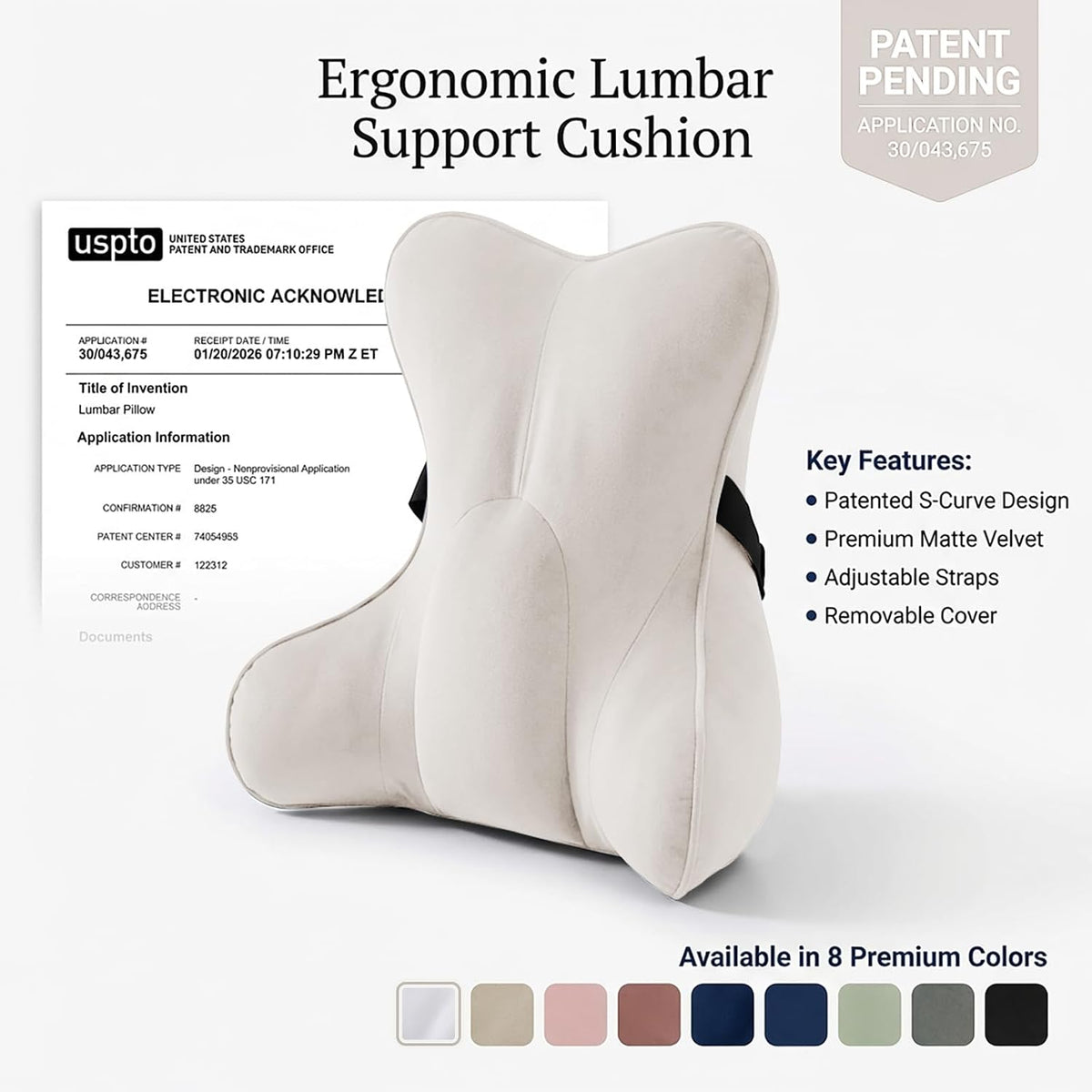 Lumbar Support Pillow(Pat. Pend) – Multi-Functional Ergonomic Back Cushion for Sofa Chair, Car Seat & Sofa, Reading Pillow with Firm Multi-Zone Support to Relieve Lower Back Pain, Misty White