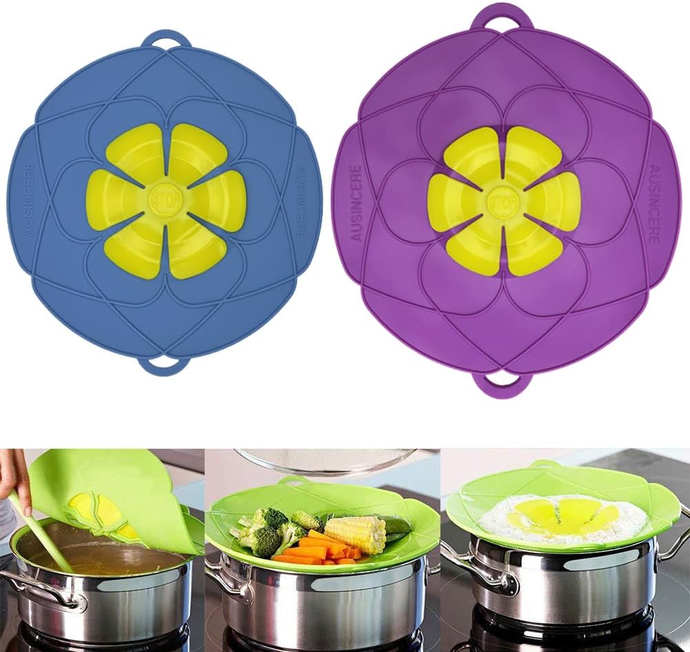 2 Pack Silicone Spill Stopper Lid, 10.2" Boil Over Safeguard, Splatter Guard Cover for Pots Pans, Food Grade Silicone Multi-Function Kitchen Tool, BPA Free Microwave Dishwasher Safe