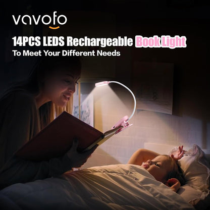 VAVOFO Rechargeable Book Light, 14 LEDs Eye Care Clip On Amber Reading Light for Bookworms Reading in Bed with 9 Colors 9 Brightness (Blue)