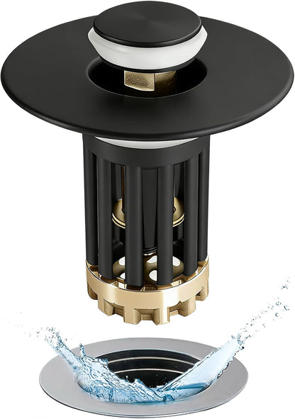 Anlige Bathroom Sink Drain Strainer, 3 in 1 Pop Up Bathroom Sink Stopper with Removable Brass Basket Hair Catcher, Universal Sink Plug for 1.06 to 1.6in Drain Hole, Chrome Silver