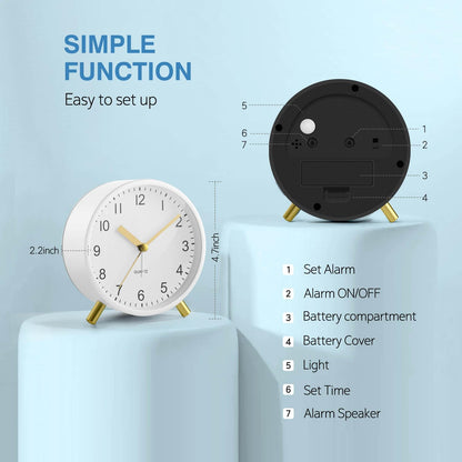 Back to School Silent Analog Quartz Alarm Clock for Kids Bedroom,Night Light, Battery Operated, Fashionable Round Metal