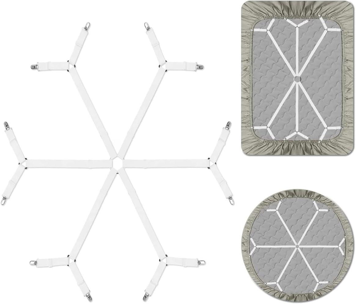 Sheet Fasteners, Adjustable Elastic Bed Sheet Holder Straps for Full,Queen,King Twin Bed,6 Way Cross Sheet Clips Suspenders Band,Fitted Round and Square Mattresses