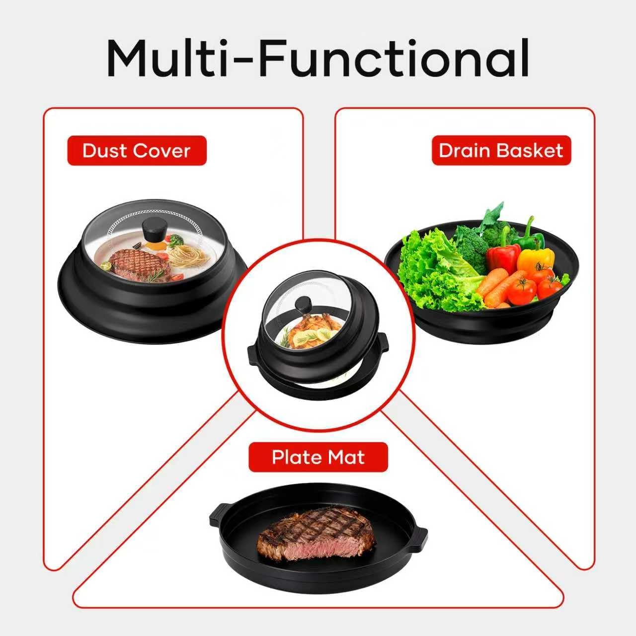 2 in 1 Microwave Splatter Cover for Food with Anti-scald Base Plate, Large Plastic & Silicone Collapsible Vented Food Guard Lid, Plate Holder & Kitchen Colander (Black)