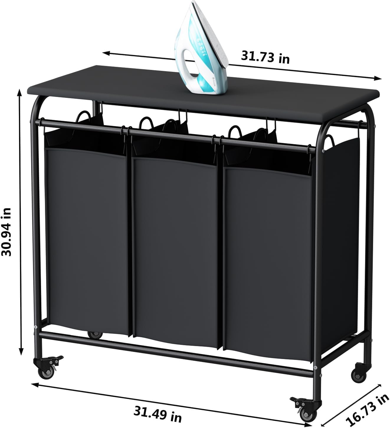 LINZINAR 3 Section Laundry Hamper, Black Laundry Basket 135L Laundry Sorter | Laundry Room Organization with Heavy Duty Rolling Lockable Wheels and Removable Bag, Bedroom Laundry Cart for Clothes Storage