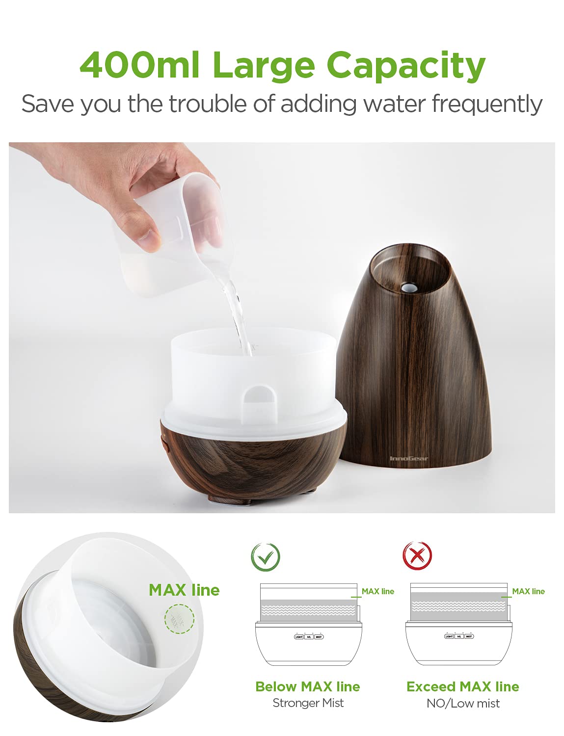 InnoGear 400ml Essential Oil Diffusers for Home Scent Humidifier, Brown | Adjustable Mist, Automatic Shut-Off, Cool Mist Humidifier, Ultrasonic, Large Room, Run up to 10hrs, Waterless Auto Off, Home