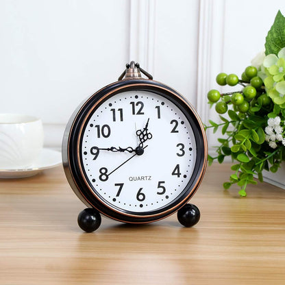 Retro Metal Table Clock Battery Operated Non-Ticking Silent Quartz Table Small Alarm Clock Desk Shelf HD Glass Clock for Kids Room (Arabic-550-12)
