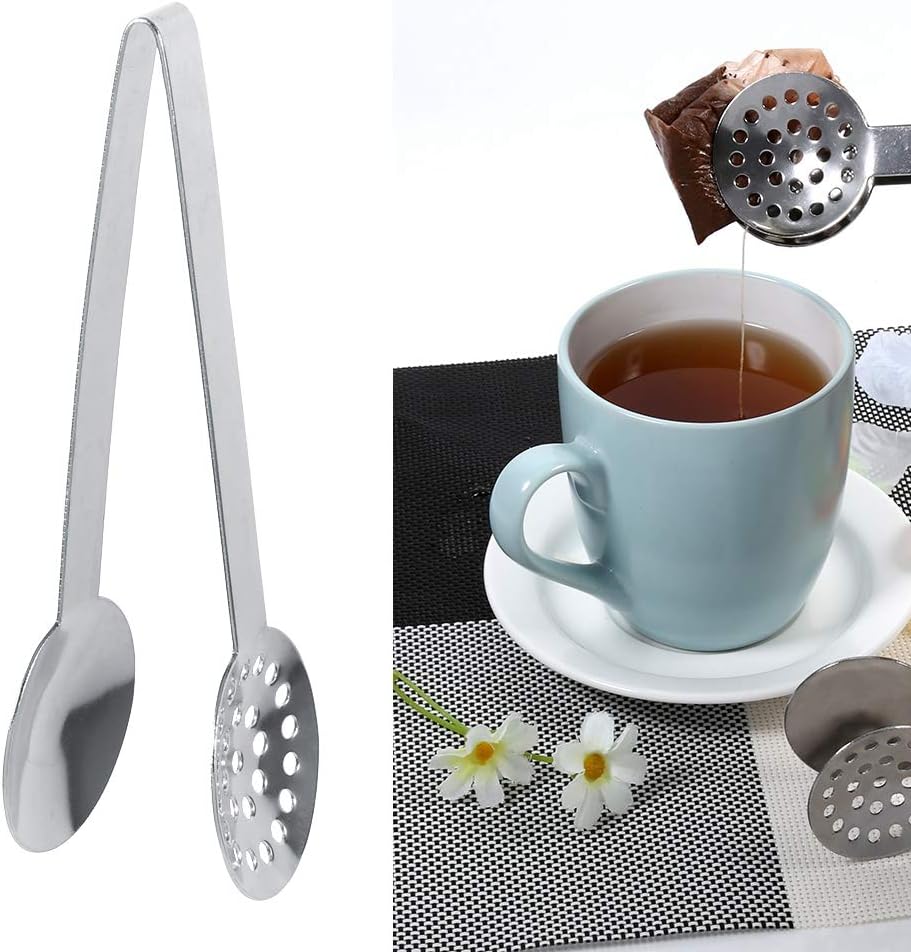 Round Tea Bag Squeezer 2 Pack Stainless Steel 340 Tea Bag Tongs Strainer Perforated Filter 4.7cm Head 15.5cm Length No Mess Drip Extraction for Coffee Lemon Slices