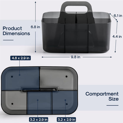 Multiuse Caddy Organizer with Handle, Portable Divided Plastic Tote Bin - Art Craft, Stationary Pen Marker Crayons, Makeup Hair Supplies Storage - Bathroom, Classroom, Dorm, Office, Desk Holder - Grey