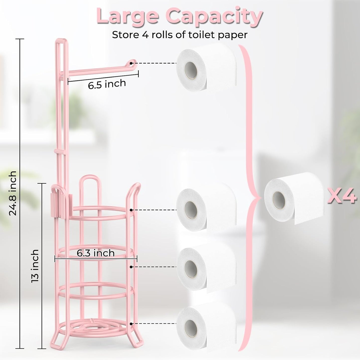 TomCare Toilet Paper Holder Free Standing with Shelf, Stable 4 Raised Feet | Stores 4 Mega Rolls, Tool-Free Assembly, Powder-Coated Metal Frame, Bathroom Storage Organizer for Spare Rolls, Silver