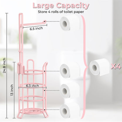 TomCare Toilet Paper Holder Free Standing with Shelf, Stable 4 Raised Feet | Stores 4 Mega Rolls, Tool-Free Assembly, Powder-Coated Metal Frame, Bathroom Storage Organizer for Spare Rolls, Silver
