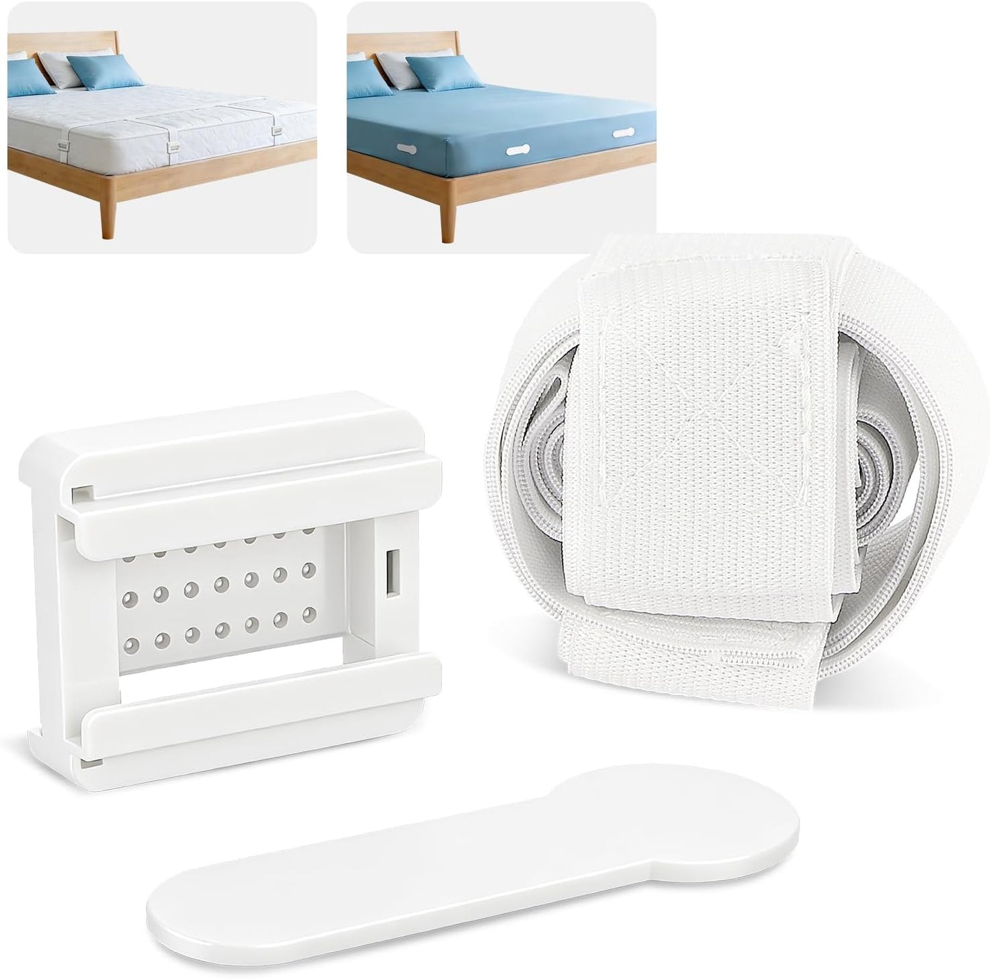 HOUSE AGAIN Bed Sheet Holders for Corners, 8-Point Grip Locking Clips & Straps Keep Fitted Sheets Firm, Tight and Smooth, No More Loose Sheets, Easy One-Time Installation (White)