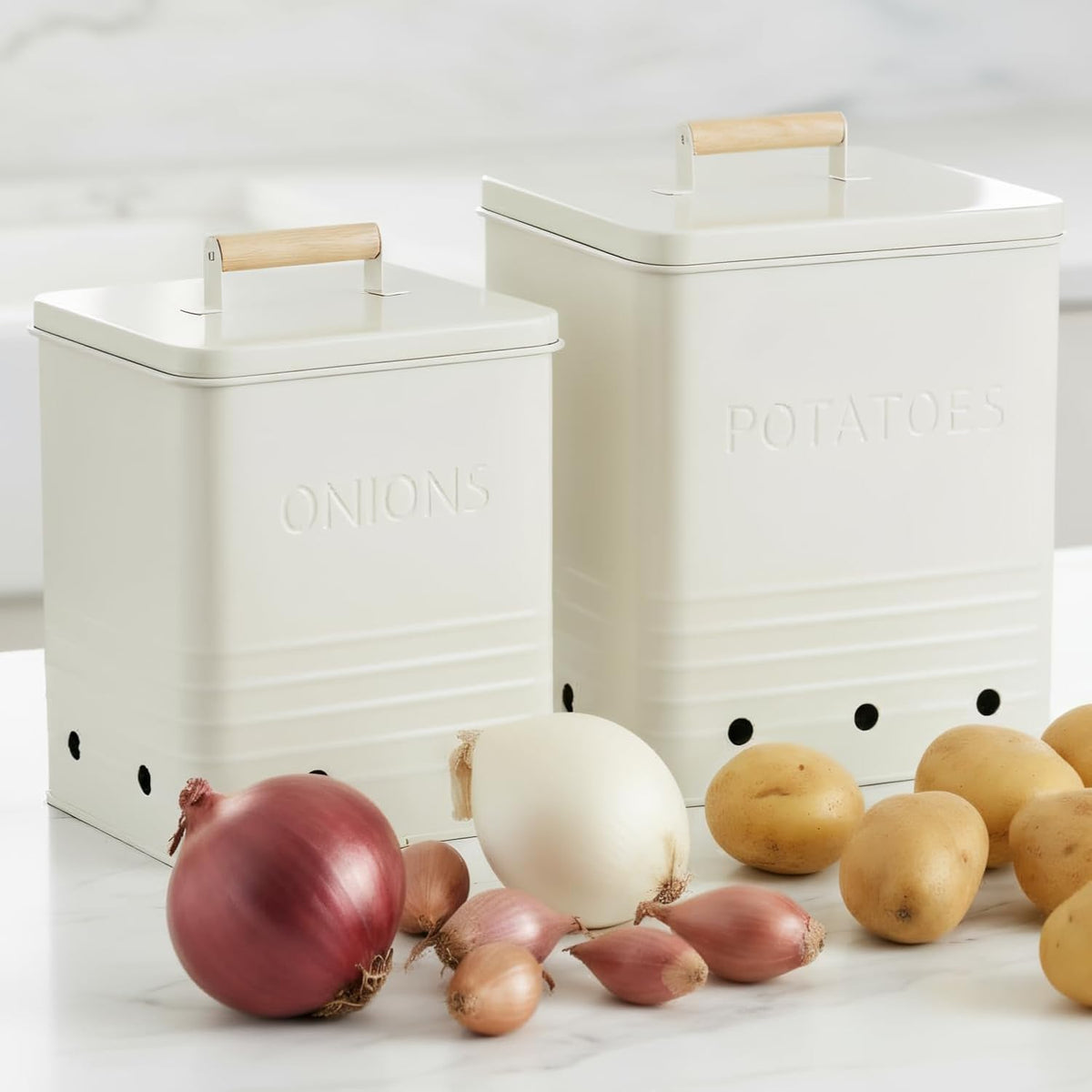 Beautiful Potato and Onion Storage Container Set - Food Safe Metal Bins