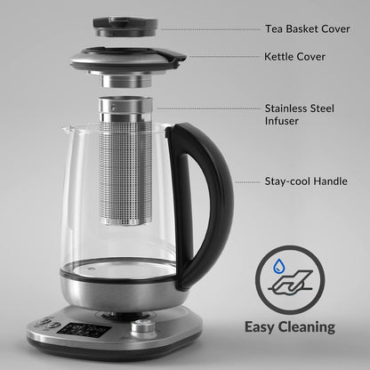 Mecity Electric Tea Kettle Borosilicate Glass Tea Maker With Temperature Control and Infuser - LCD Display and Preset Brewing Programs - 1.7 Liter Water Boiler