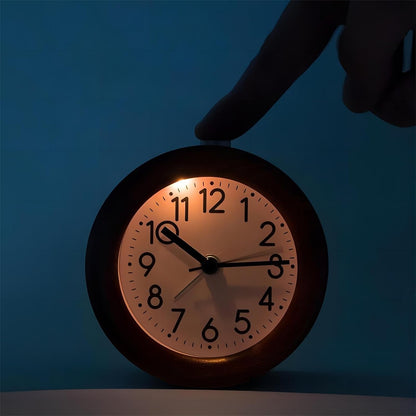 Round Wooden Alarm Clock Analog Non Ticking Night Light Snooze | Silent Arabic Numerals Battery Operated for Desktop Bedroom Bedside Brown