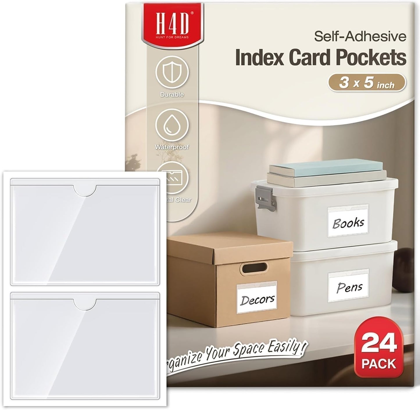 H4D 24 Pack labels for Storage Bins, 4" x 6" Plastic Clear Adhesive Pockets | Top-Open Index Card Holder, Waterproof & Removable Labels for Storage Bins, Totes, Containers, Shelves & Library Organization