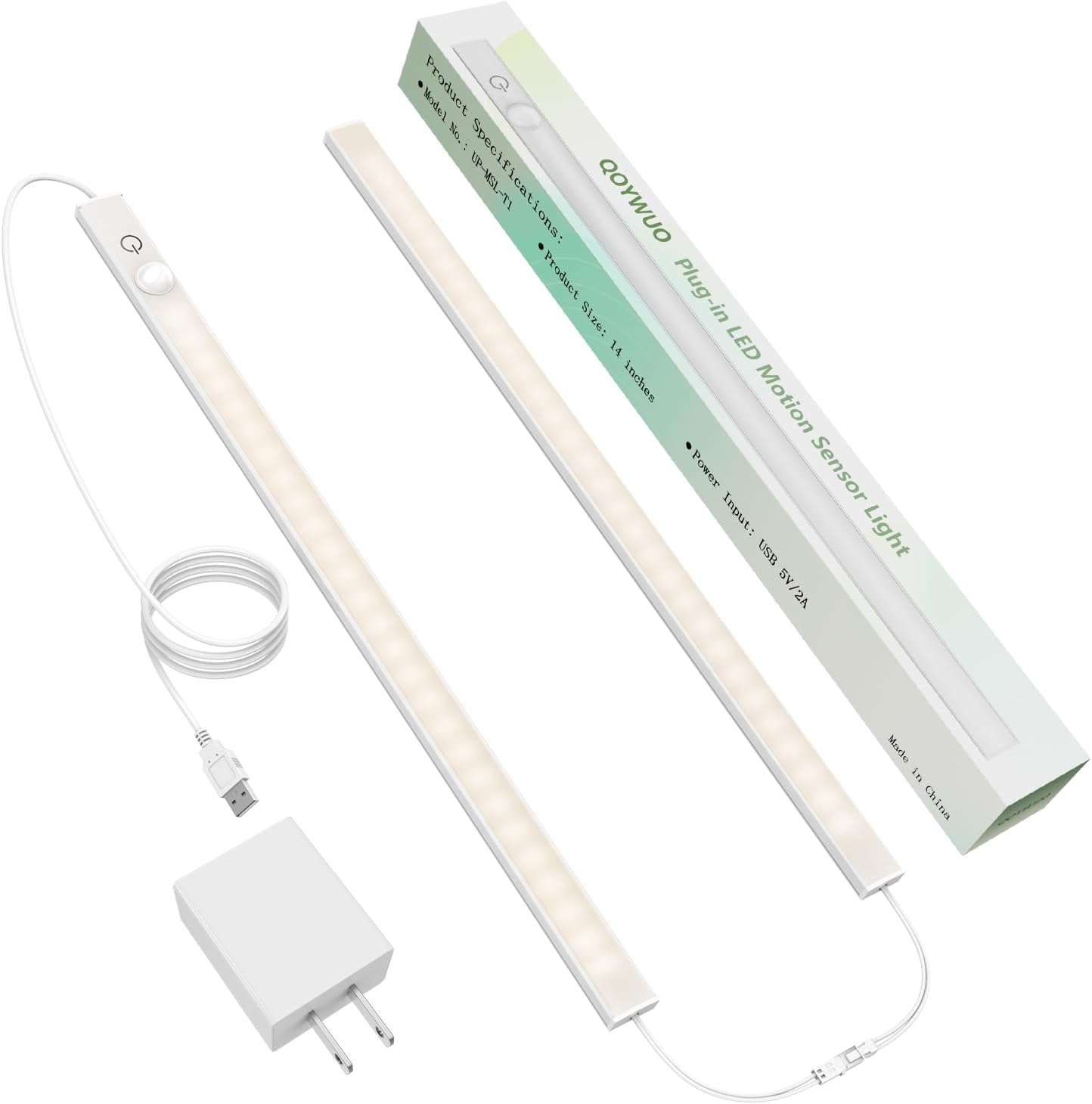 USB Plug-in Motion Sensor Light, ON/Night/Day Modes, Bright&Dimmable | 14" Slim LED Under Cabinet Lighting Indoor for Kitchen, Cabinet, Closet - 6000K Cool White, 1-Bar Standalone