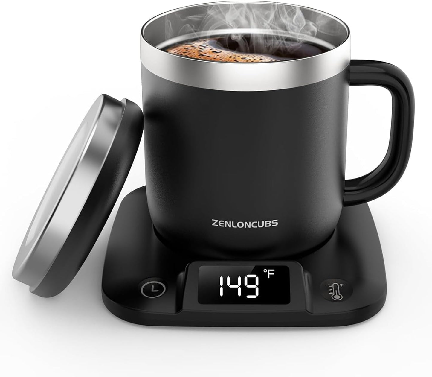 Smart Electric Heated Coffee Mug with Temperature Control, 5 Settings & Display, Auto Shut-Off, Fast Heating Warmer Set with Stainless Steel Coffee Mug (14oz-Black)