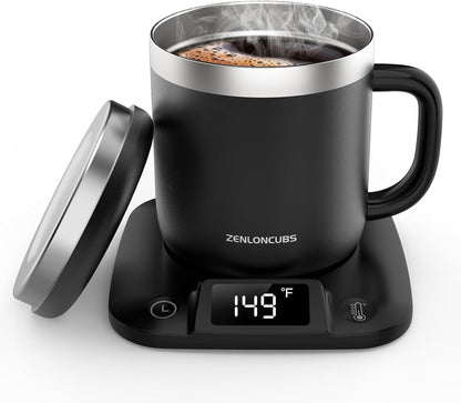 Smart Electric Heated Coffee Mug with Temperature Control, 5 Settings & Display, Auto Shut-Off, Fast Heating Warmer Set with Stainless Steel Coffee Mug (14oz-Black)