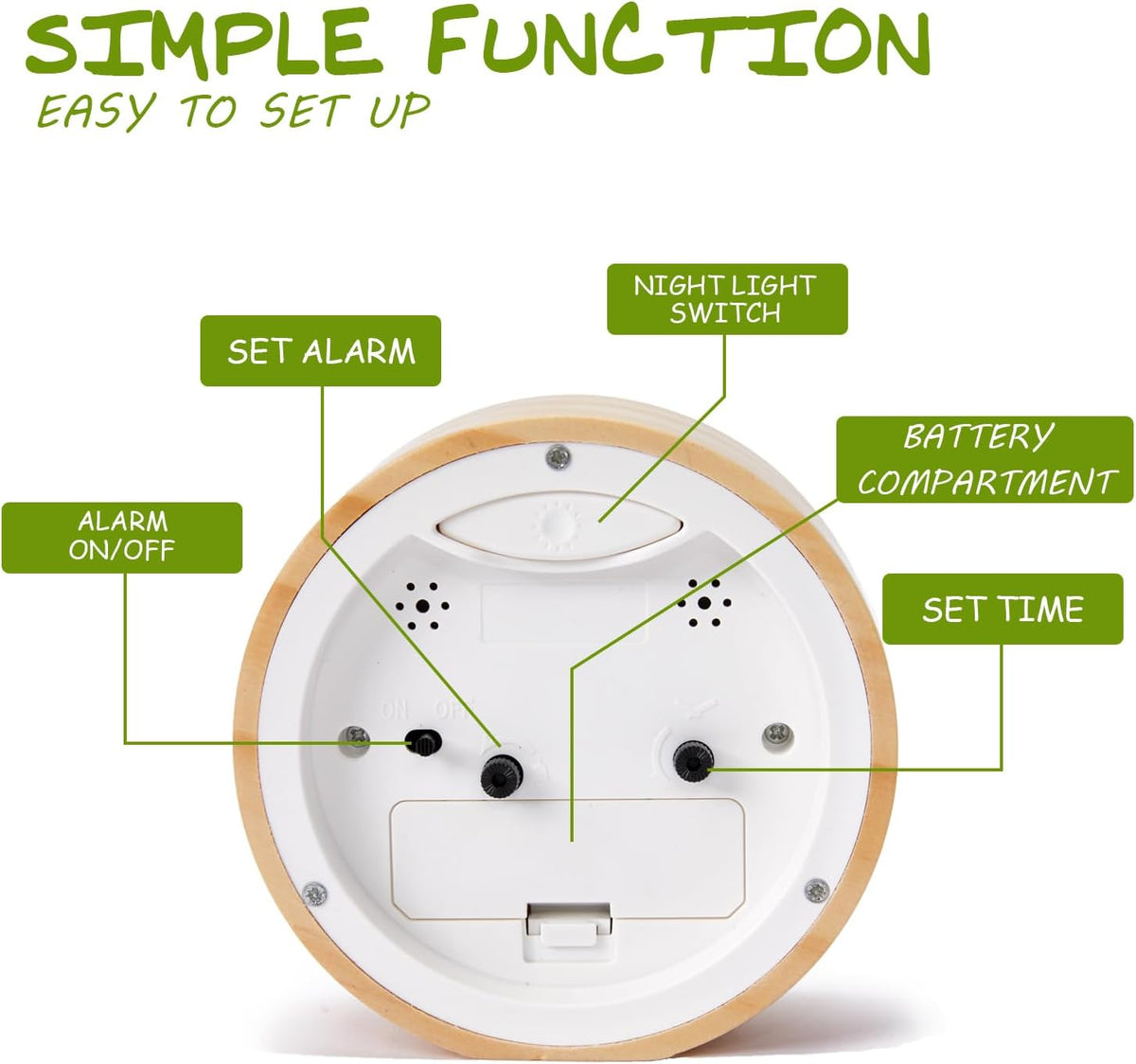 Wooden Analog Alarm Clock Silent Non-Ticking Desk Clock Battery Operated Table Clock with Nightlight for Bedroom,Children's Room, Living Room,Natural(4Inch)