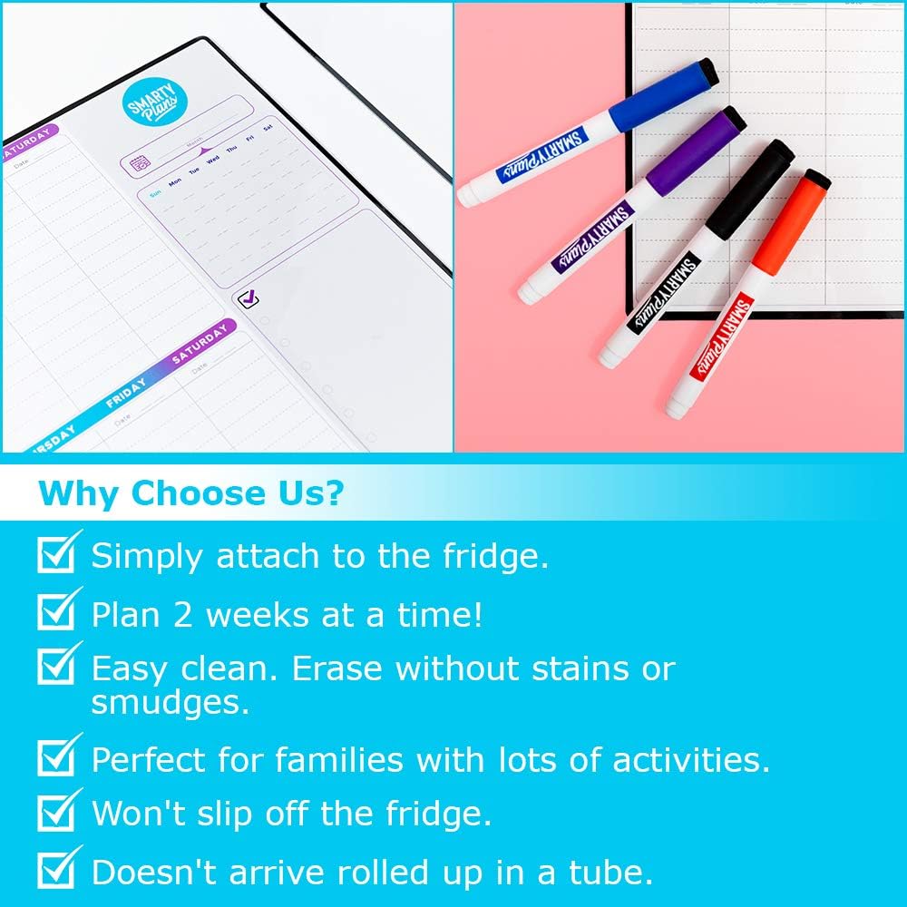 Dry Erase Weekly Extra Thick Magnetic Calendar for Refrigerator: 17x13 Two Week Planner and 6x9 White Board, 4 Fine Tip Markers and Eraser. Stain Resistant. Shipped Flat. (Monthly Planner)