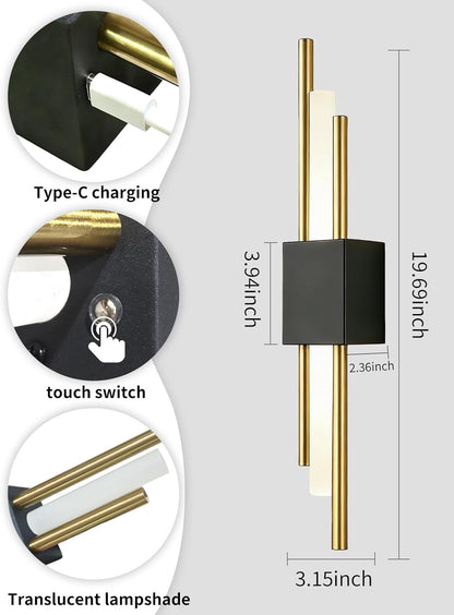 USB Rechargeable Wall Sconces Set of 2, Wireless Cordless Wall Lamp with Dimmable Timer, No Wiring Needed Mounted Wall Light, Modern Decor wall lights for Living Room, Bedroom, Study, Corridor