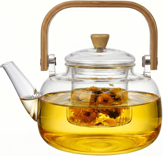 1000ml (33.8oz) Borosilicate Glass Teapot with Wooden Handle, Stovetop Safe Clear Tea Kettle with Removable Glass Infuser for Blooming Tea & Loose Leaf Tea