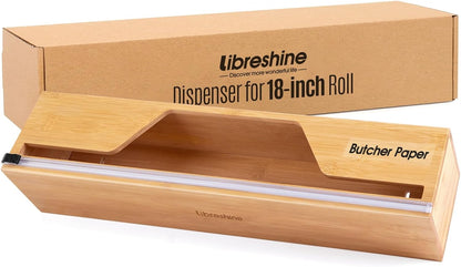 18-Inch Foil Dispenser with Slide Cutter & Butcher Paper Holder | Compact bamboo organizer for countertop, drawer, cabinet or wall mounting, made for many common 18-inch foil and paper rolls
