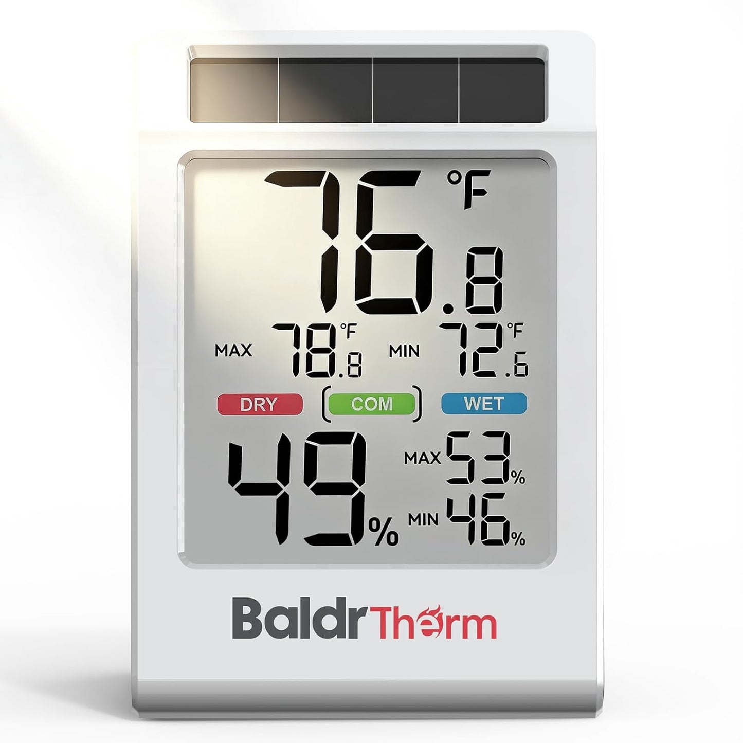 BALDR Solar Indoor Thermometer Hygrometer, Max/Min, Comfort Meter (White) | Solar & Battery Dual Power |No Setup or App Required |Clear Comfort Level Indicator |Flexible Desk or Wall Placement