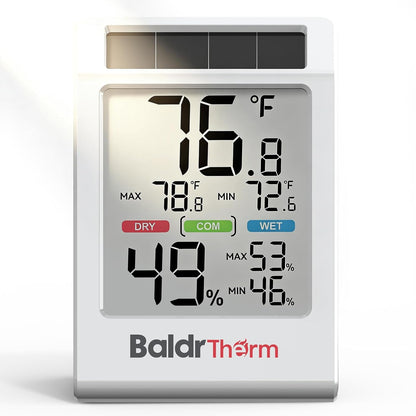 BALDR Solar Indoor Thermometer Hygrometer, Max/Min, Comfort Meter (White) | Solar & Battery Dual Power |No Setup or App Required |Clear Comfort Level Indicator |Flexible Desk or Wall Placement