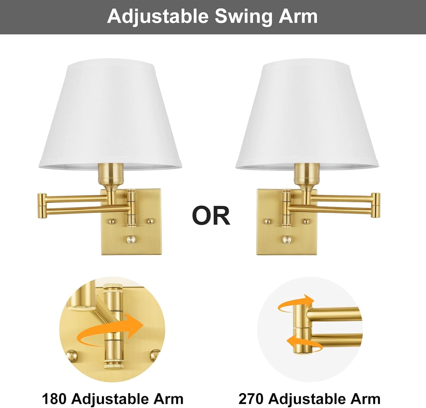TRLIFE Wall Sconce Plug in, Dimmable Wall Sconces Set of Two Swing Arm Wall Lights with Plug in Cord and On/Off Dimmer Rotary Switch, 9.4" Medium Beige Fabric Shade(2 Pack, 2 Bulbs)
