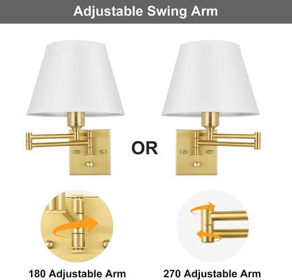 TRLIFE Wall Sconce Plug in, Dimmable Wall Sconces Set of Two Swing Arm Wall Lights with Plug in Cord and On/Off Dimmer Rotary Switch, 9.4" Medium Beige Fabric Shade(2 Pack, 2 Bulbs)