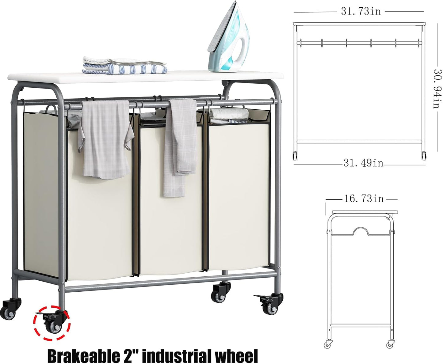 LINZINAR 3 Section Laundry Hamper, Black Laundry Basket 135L Laundry Sorter | Laundry Room Organization with Heavy Duty Rolling Lockable Wheels and Removable Bag, Bedroom Laundry Cart for Clothes Storage