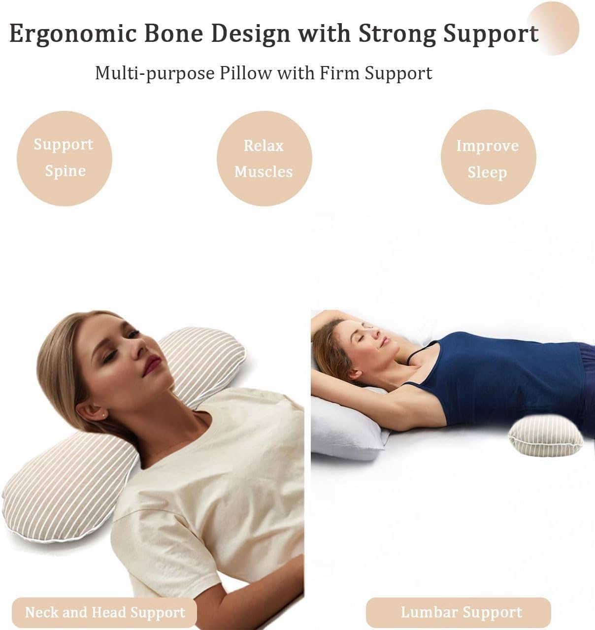 Buckwheat Pillow Cervical Neck Pillow, Buckwheat Hulls Filling Cooling Lumbar Support Pillow, Adjustable Firmness Ergonomic Design with Washable Cover, Blue 19"X7"
