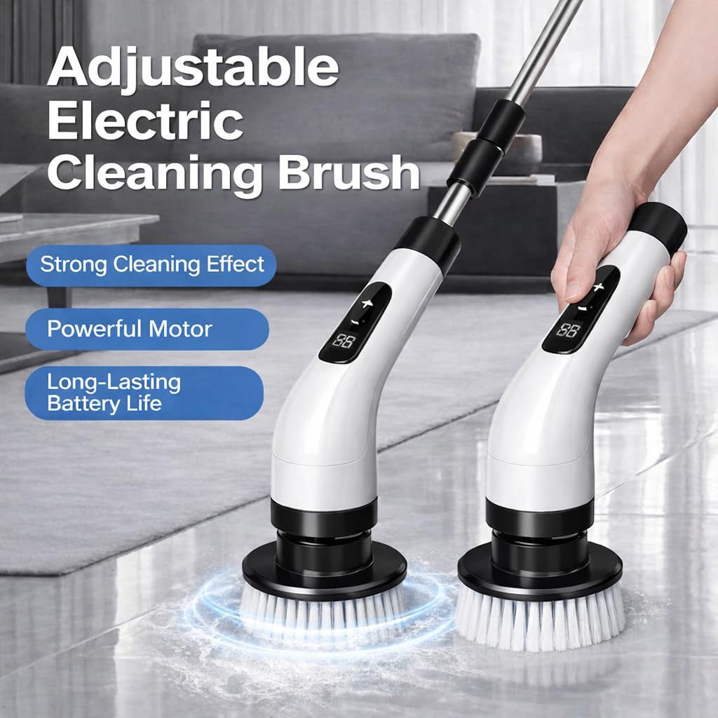 Premium Electric Bathroom Cleaning Brush, Waterproof Cordless Bathroom & Kitchen Cleaning Brush with Adjustable Handle & 9 Replaceable Heads – Powerful Deep Clean Tile, Grout, Tub, Window & Floor