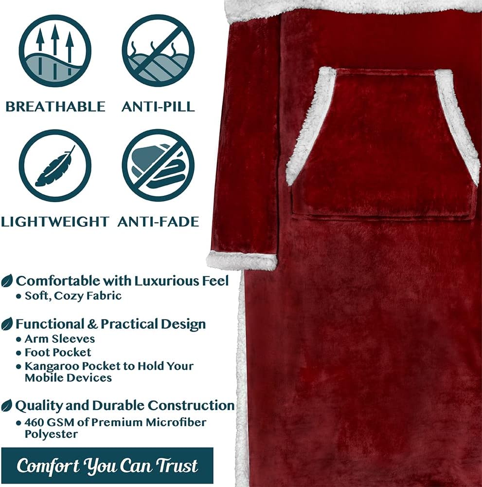 PAVILIA Fleece Blanket with Sleeves, Foot Pockets for Women Men Adults, Plush Wearable Blanket Throw Wrap, Warm Snuggle Blanket Robe, Cozy Gift Ideas Wife Mom, Dark Purple