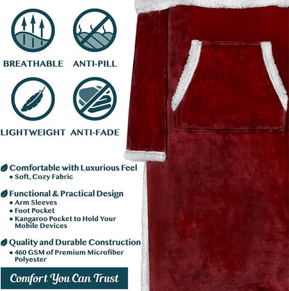 PAVILIA Fleece Blanket with Sleeves, Foot Pockets for Women Men Adults, Plush Wearable Blanket Throw Wrap, Warm Snuggle Blanket Robe, Cozy Gift Ideas Wife Mom, Dark Purple