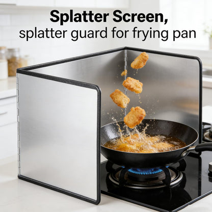 3-Sided Stainless Steel Grease Splatter Guard for Frying Pan | Block oil splashes efficiently, frees kitchen stoves, easy fold storage, fit daily home cooking