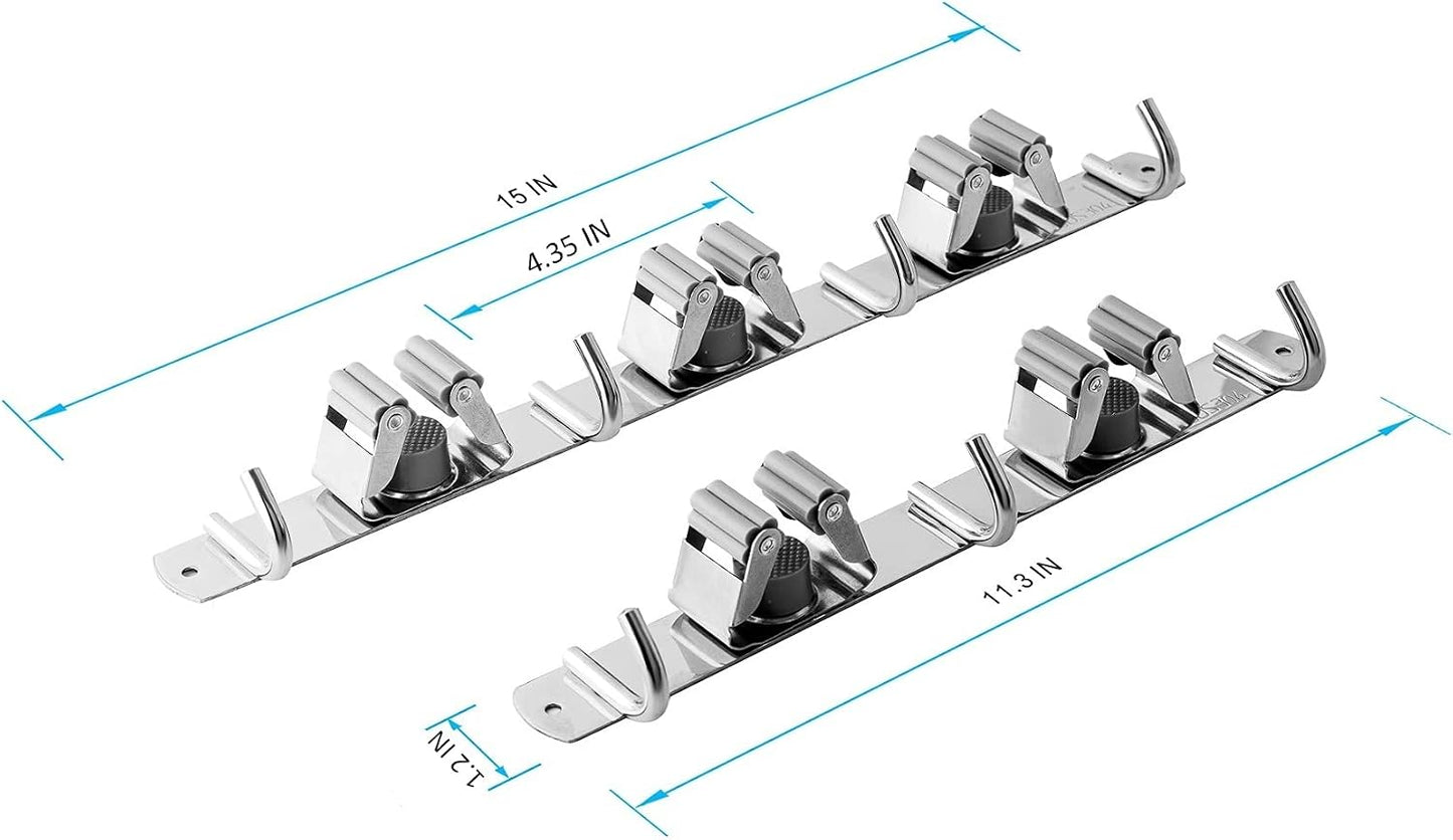 Broom and Mop Holder Wall Mounted, Broom Hanger Storage Rack, Stainless Steel Mop Hanger, Dustpan Holders with 2 Racks and 3 Hooks, Heavy Duty utility hooks for hanging brooms and mops