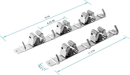 Broom and Mop Holder Wall Mounted, Broom Hanger Storage Rack, Stainless Steel Mop Hanger, Dustpan Holders with 2 Racks and 3 Hooks, Heavy Duty utility hooks for hanging brooms and mops
