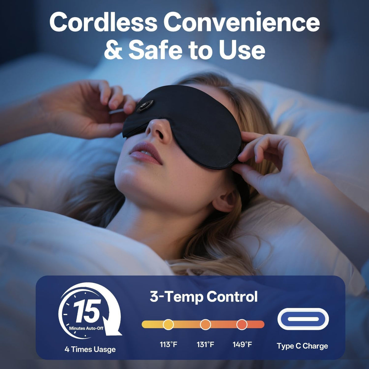 Silk Cordless Heated Eye Mask for Dry Eyes, Cordless Eye Mask Electric Warm Compress for Fast Eye Relief Rechargeable USB Heat Relax Mask for Sleep Black