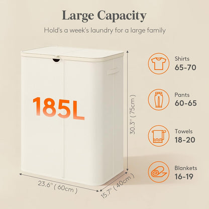 Lifewit 185L 3 Section Laundry Hamper with Lid, Laundry Basket, Beige | Large Foldable Laundry Sorter with 3 Removable Bags, Tall Clothes Hamper for Bedroom and Bathroom