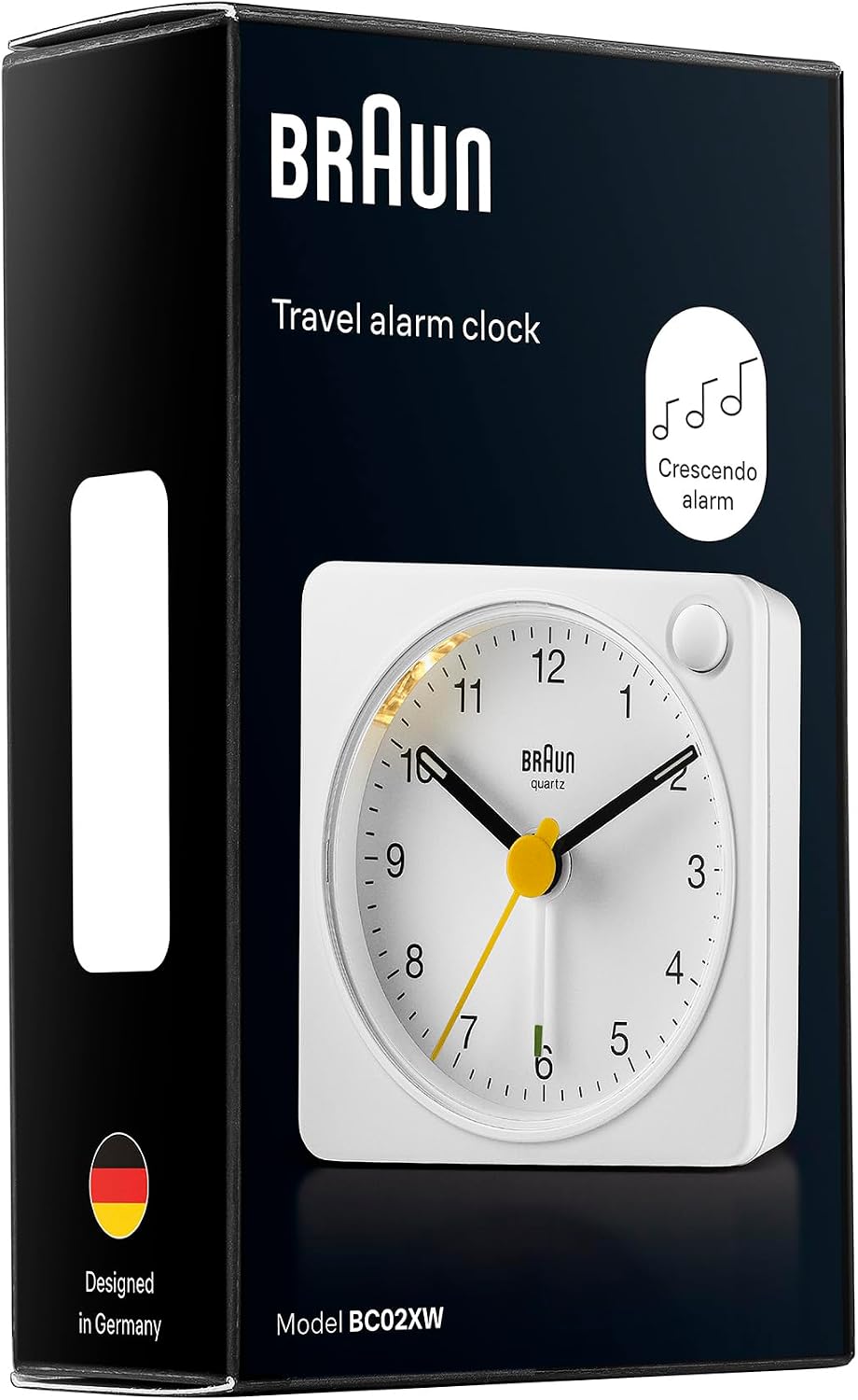 Braun Classic Travel Analogue Alarm Clock with Snooze and Light, Compact Size, Quiet Quartz Movement, Crescendo Beep Alarm in White, Model BC02XW.