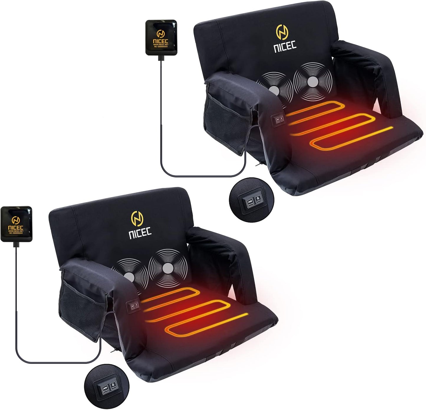 Nice C Heat Massage Stadium Seat, Reclining Bleacher Seat (Regular 1 Pack) | Foldable Floor Arena Chair, Waterproof Stadium Cushion, Thick Padding, Back Support, Shoulder Straps, Side Pockets