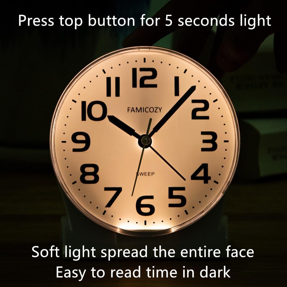 FAMICOZY 4.5" No Ticking Analog Alarm Clock,Silent Readable for Seniors,Easy to Set,Gradual Rise Alarm,Big Numbers,On/Off Switch on Side,Gentle Wake,Snooze Soft Backlight,Battery Operated,Black