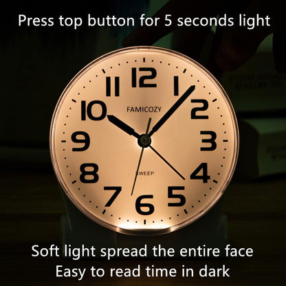 FAMICOZY 4.5" No Ticking Analog Alarm Clock,Silent Readable for Seniors,Easy to Set,Gradual Rise Alarm,Big Numbers,On/Off Switch on Side,Gentle Wake,Snooze Soft Backlight,Battery Operated,Black