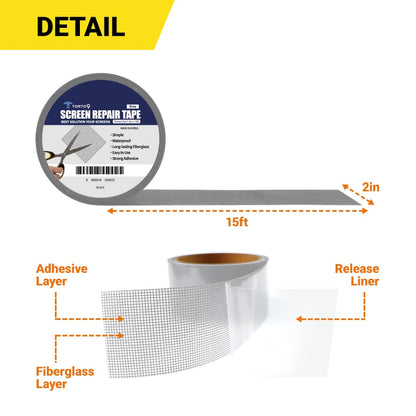 TORTO9 Window Screen Repair Kit, 3-Layer Strong Adhesive & Waterproof Tape Fiberglass Covering mesh (Gray, 2 Inch x 6.5 FT)